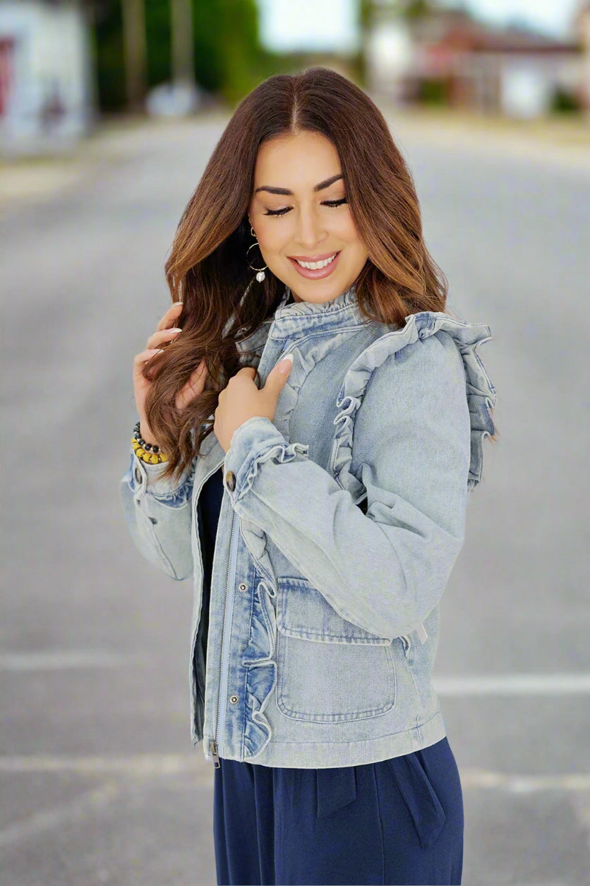 FullCoverageHood Wet Wicking Ruffle Accented Vintage Denim Jacket
