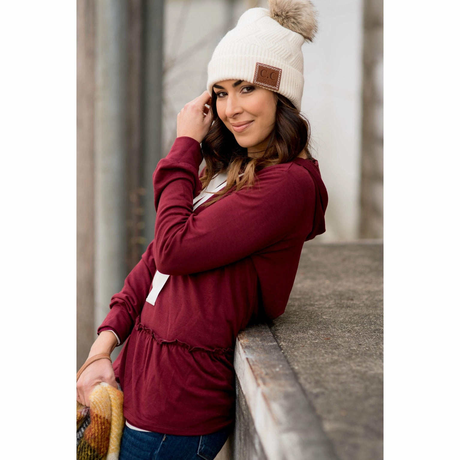 Ruffle Bottom Drawstring Hoodie Fashionable Look Layer Chic