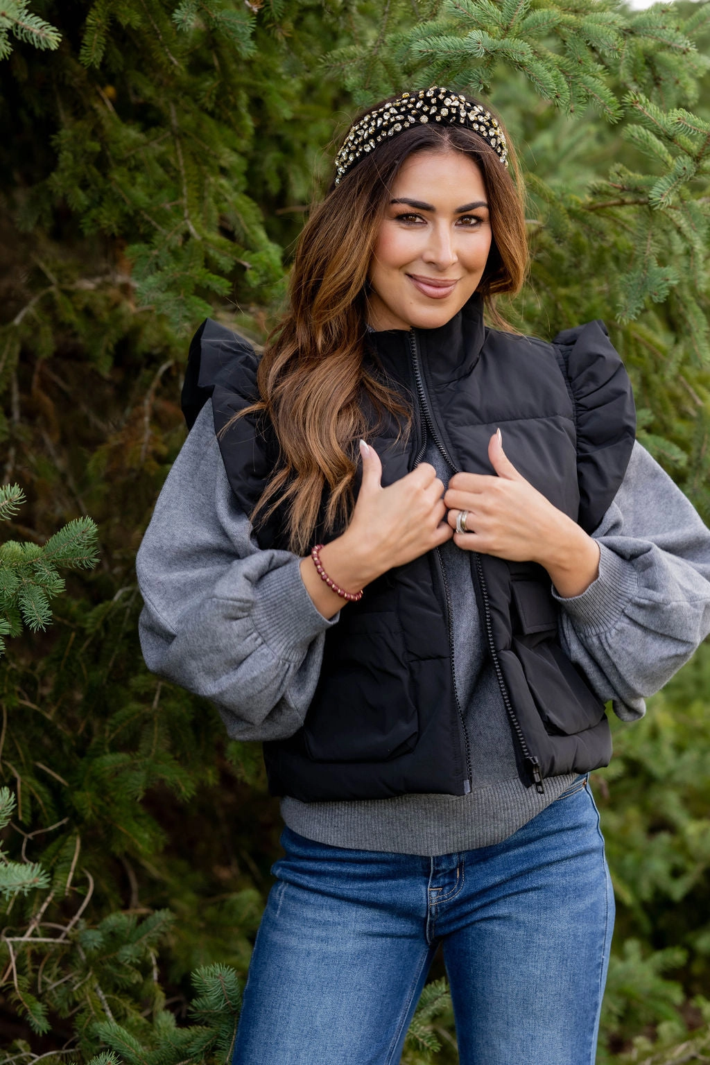 Ruffle Trim Puffer Vest Seamless Stitching Abrasion Resistant Shell