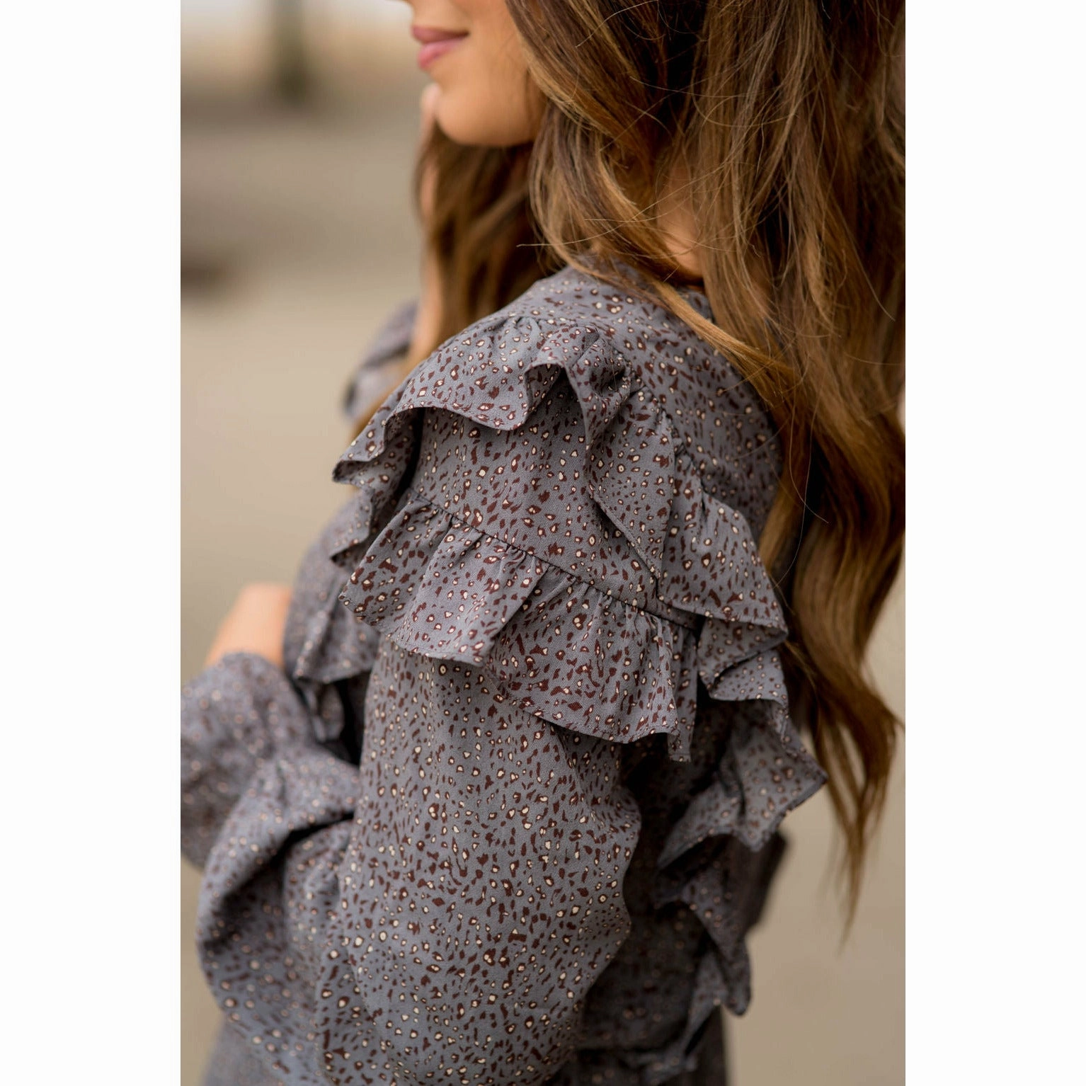 Ruffled Bodice Long Sleeve Patterned Dress Casual event outfit