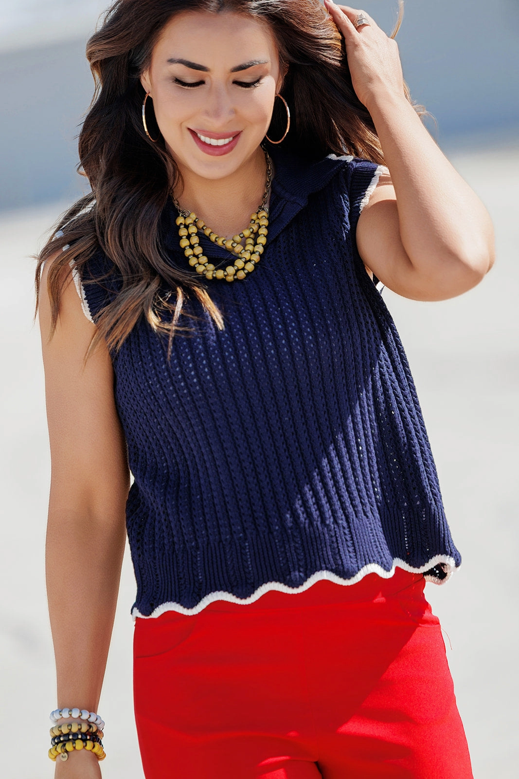 Layering Piece Scallop Trim Collared Knit Tank