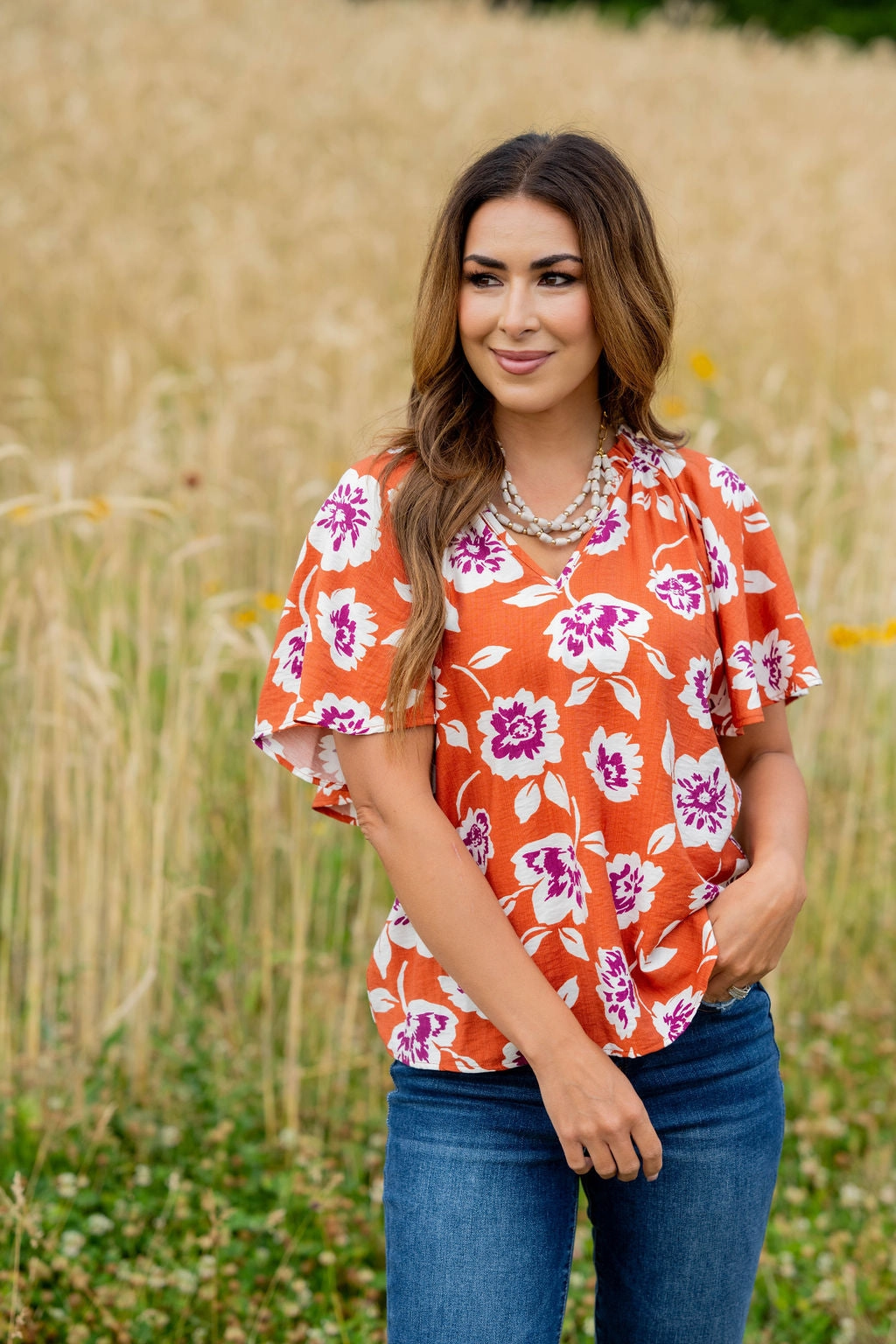 Floating Blooms Relaxed Sleeve Tee Durable Interlock Stitch