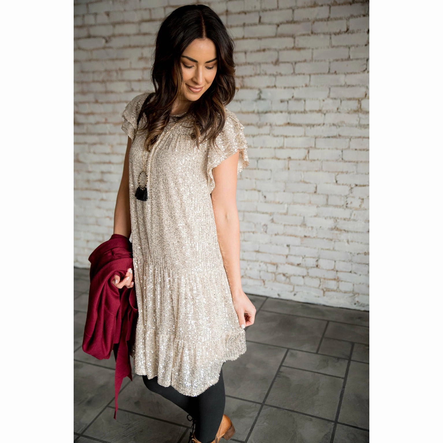 Silky-Lining Stud-Detail Sequin Shine Dress