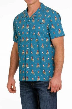 Microfiber Material Effortless Style Cinch Men??s Santa Bronc Camp Shirt-Teal