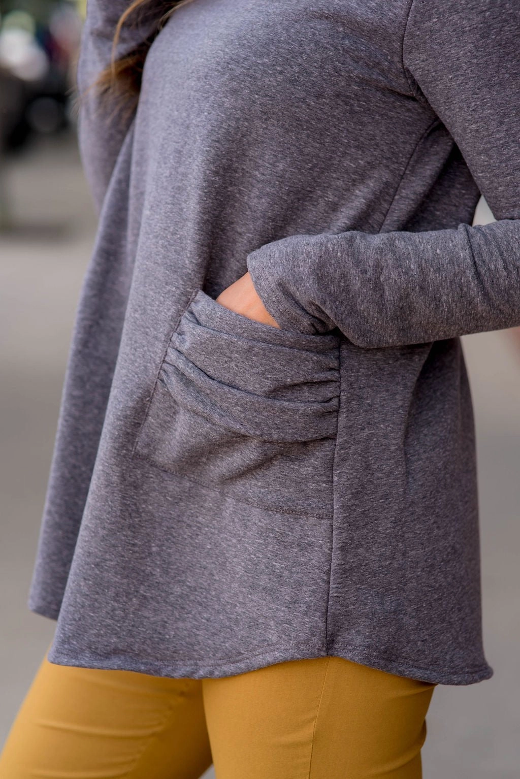 Dual Pocket Cowl Neck Sweatshirt jewelry accents