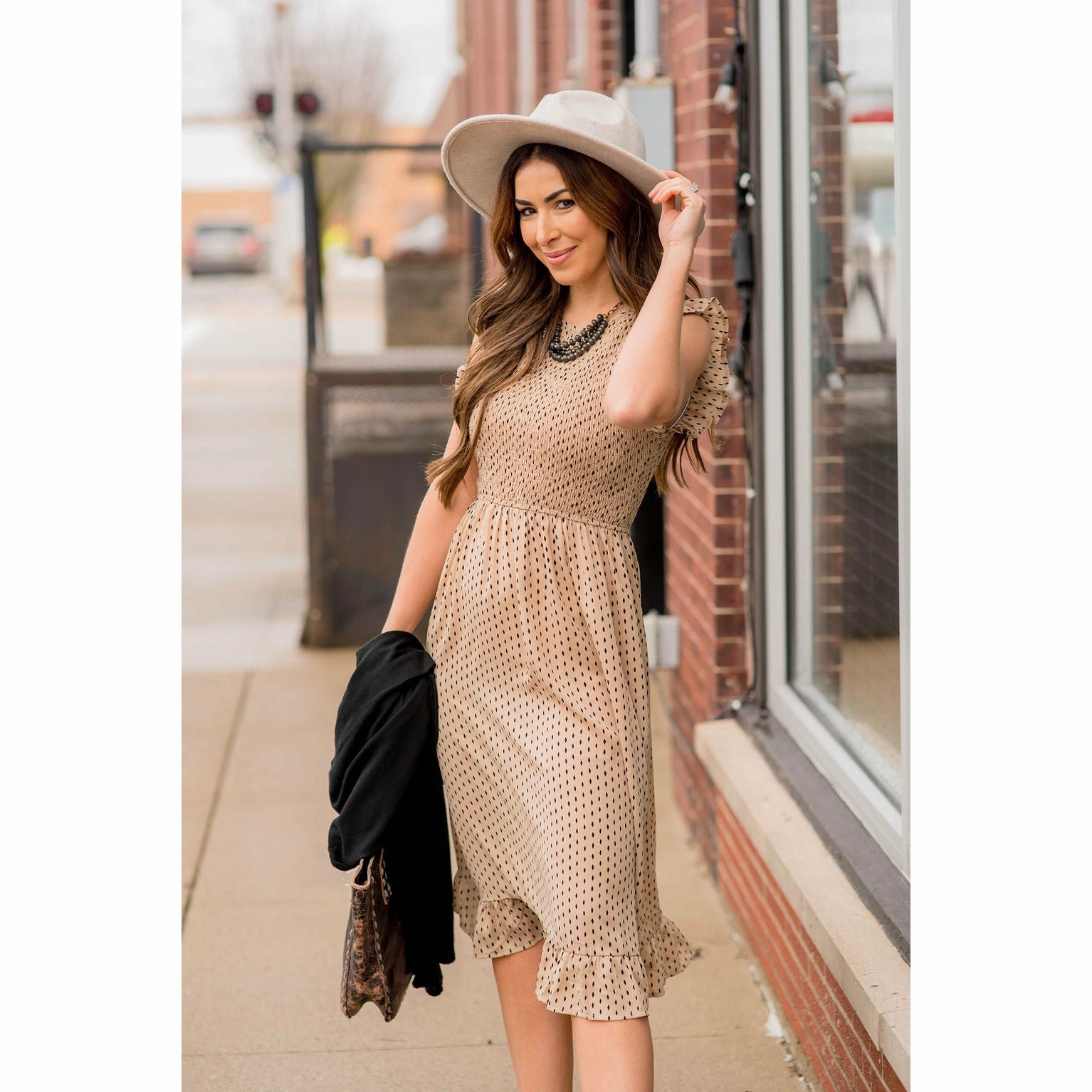 Simple Flow Dreamy Presence Smocked Diamond Pattern Midi Dress