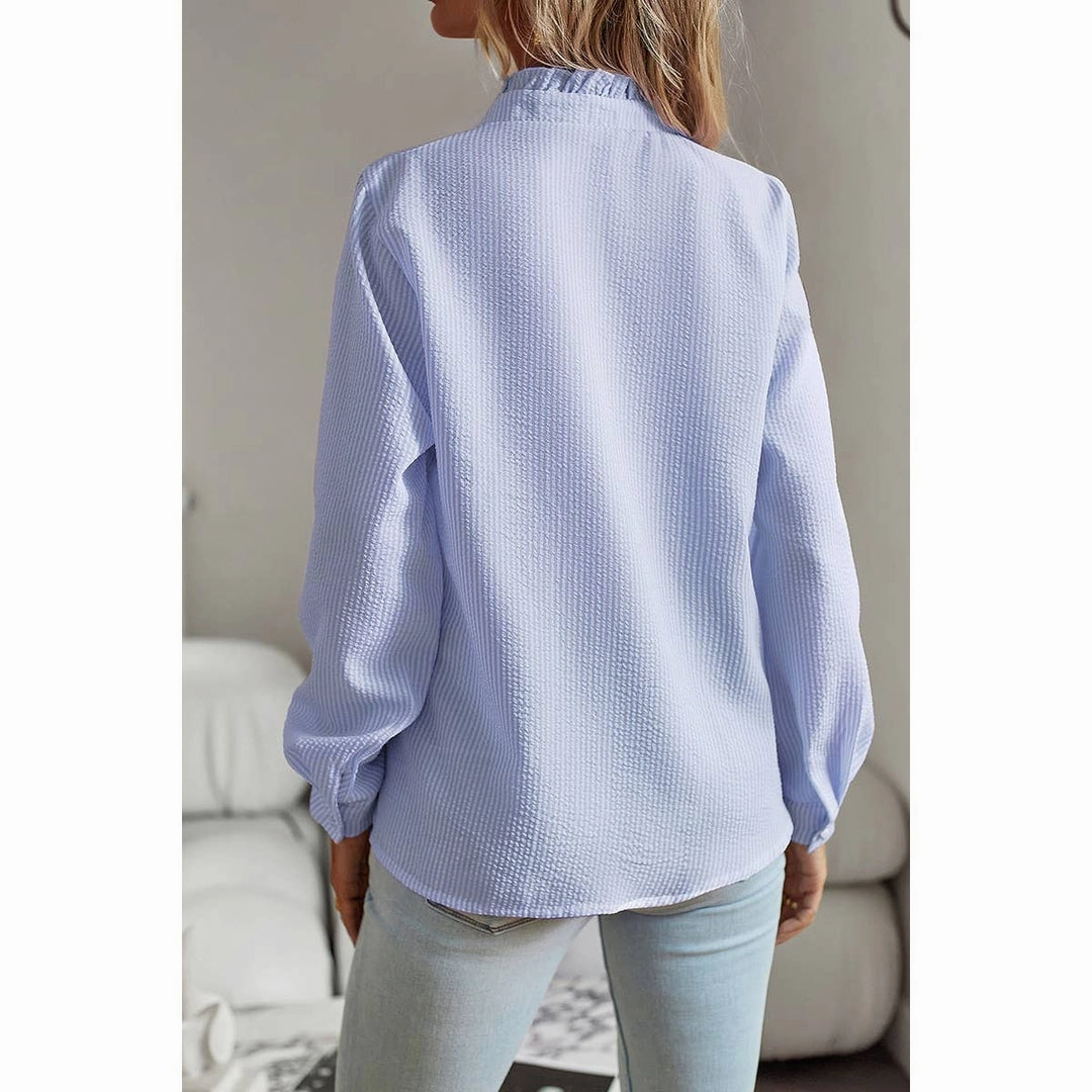 MultiFunctionalDesign Flexible Neckline Frenchy Striped Print Ruffle Trim Button Front Shirt- Blue