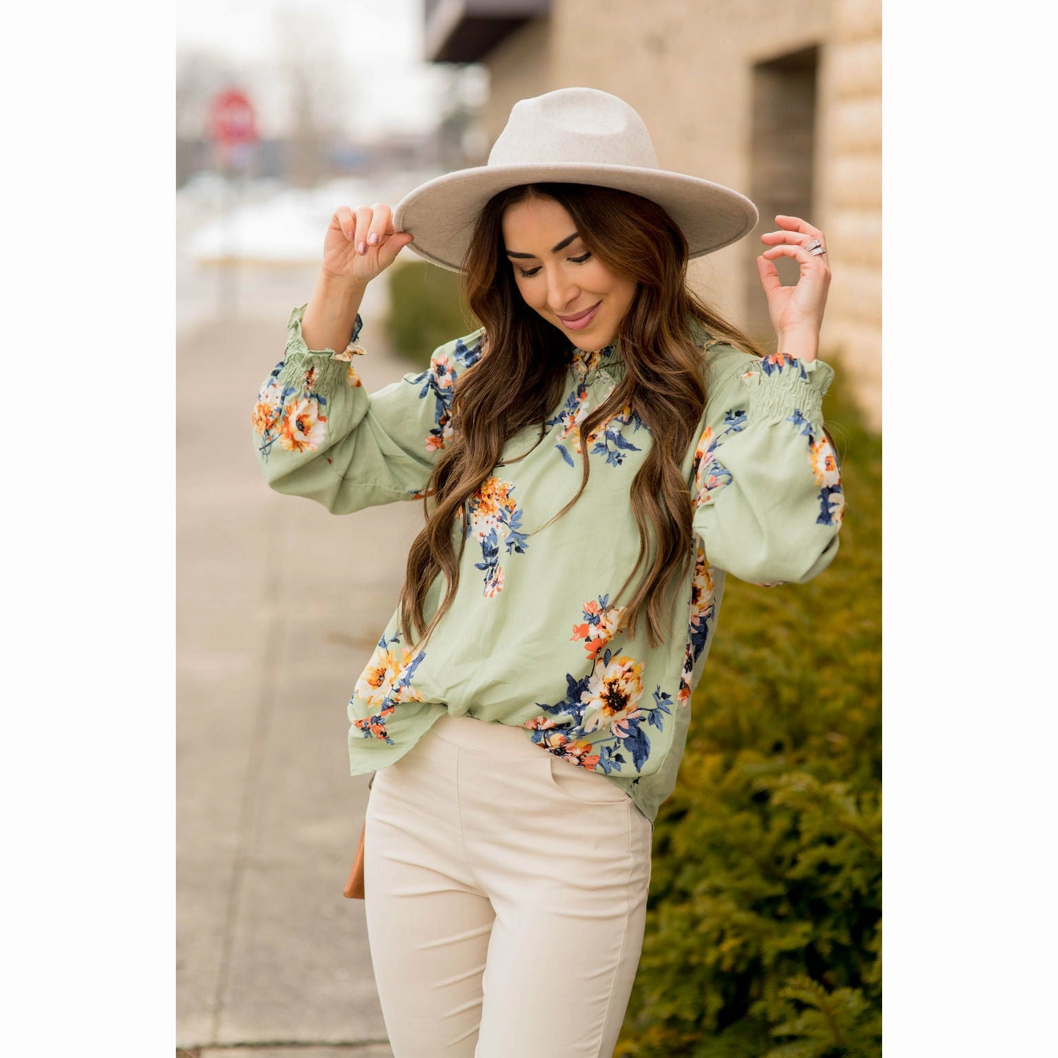 Reinforced Seam Technique Smocked Neck Floral Long Sleeve Blouse