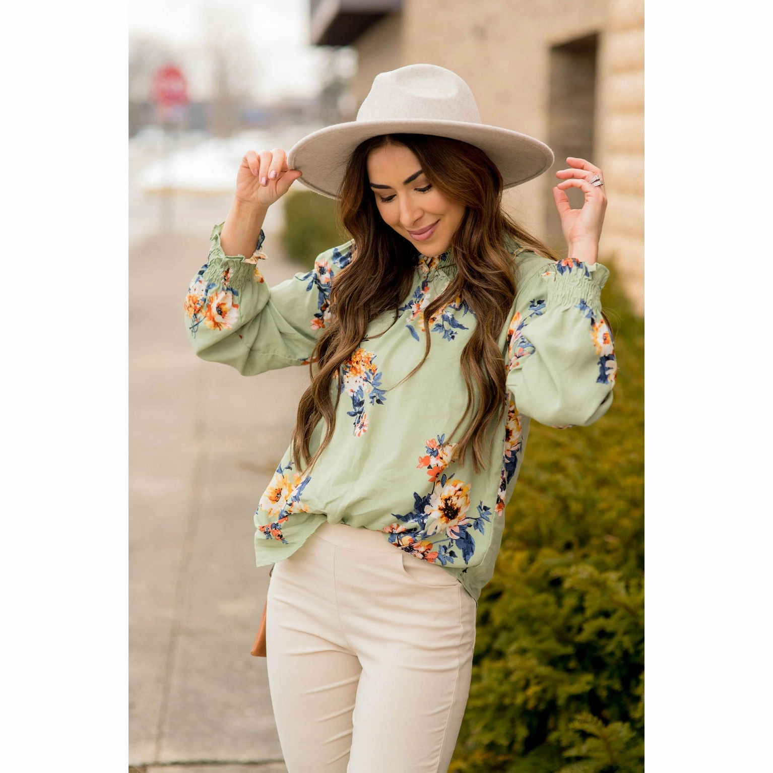 Smocked Neck Floral Long Sleeve Blouse Bonded Seam Innovation StainRepellentCoating