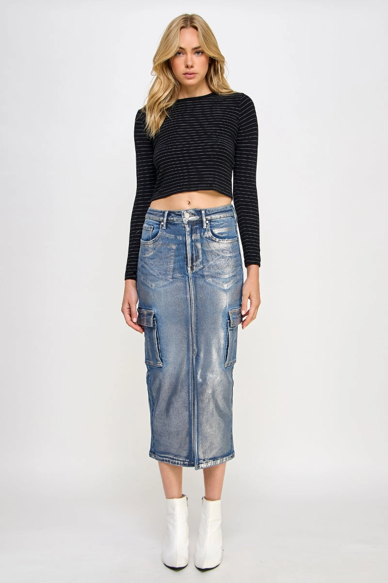 METALLIC CARGO DENIM SKIRT Simple Layers Street Attire