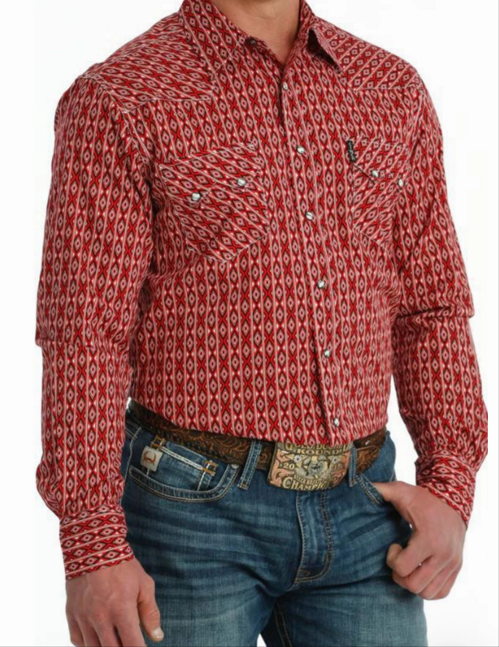 Chic Comfort Cinch Men??s Modern Fit Red Geo Print Shirt