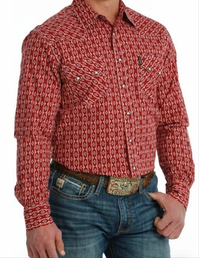 Chic Comfort Cinch Men??s Modern Fit Red Geo Print Shirt