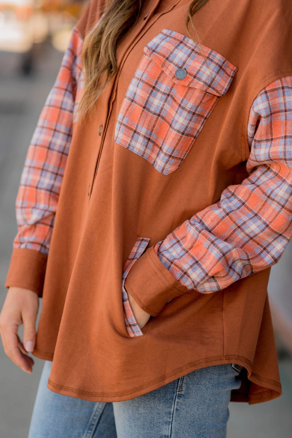 Weather Friendly Solid Plaid Accented Shacket