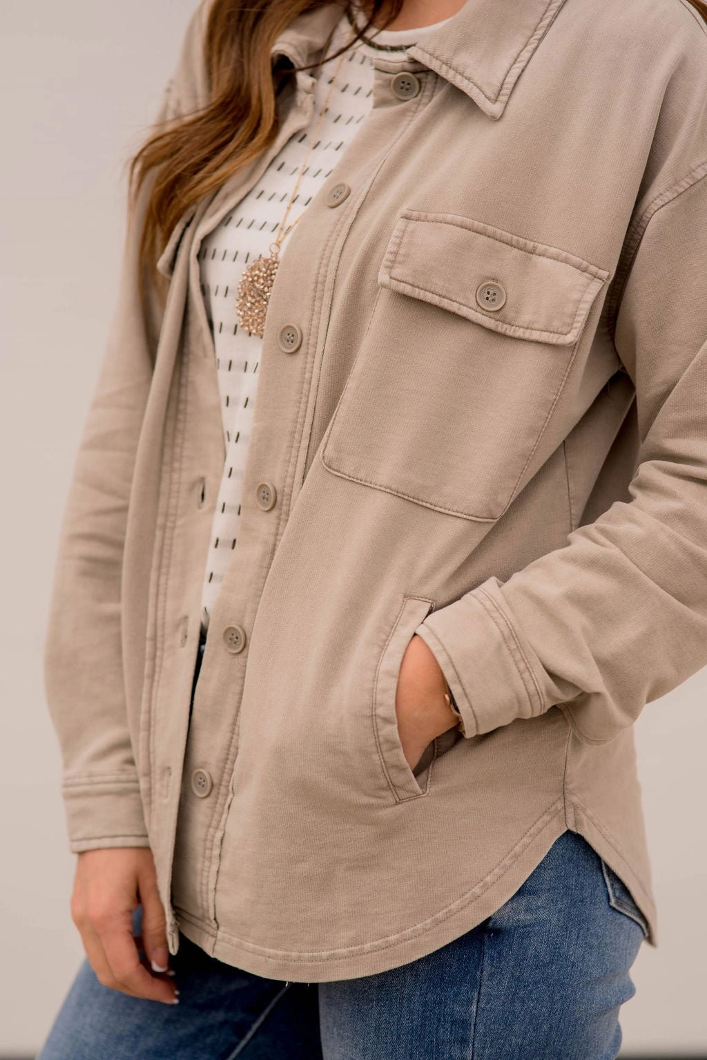 Compact Packability Multipurpose Layering Vintage Side Slit Shacket