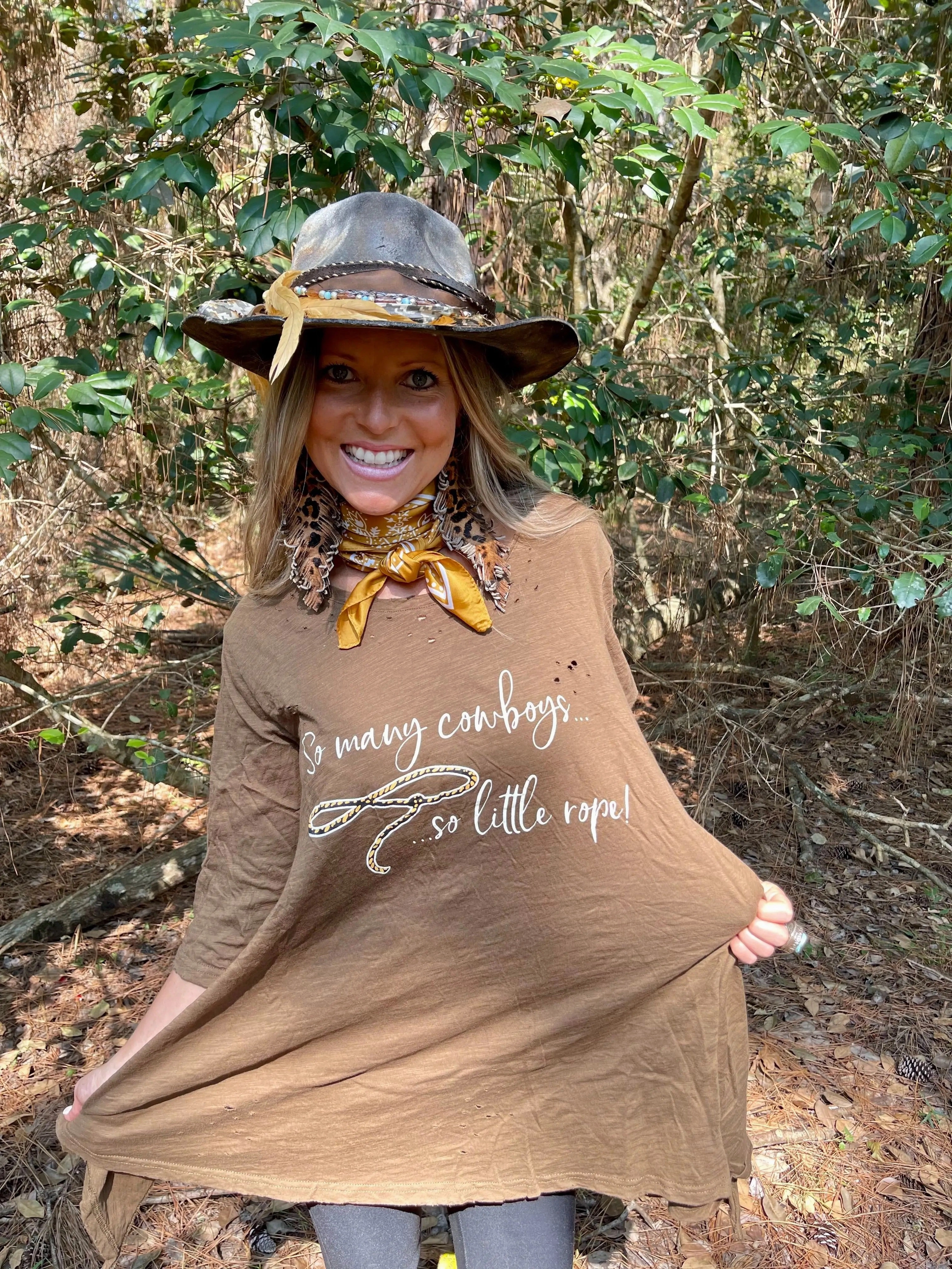 Contrast Stitch Detail Wrinkle Resistant Treatment So many Cowboys...So Little Rope High low Tattered Shirt