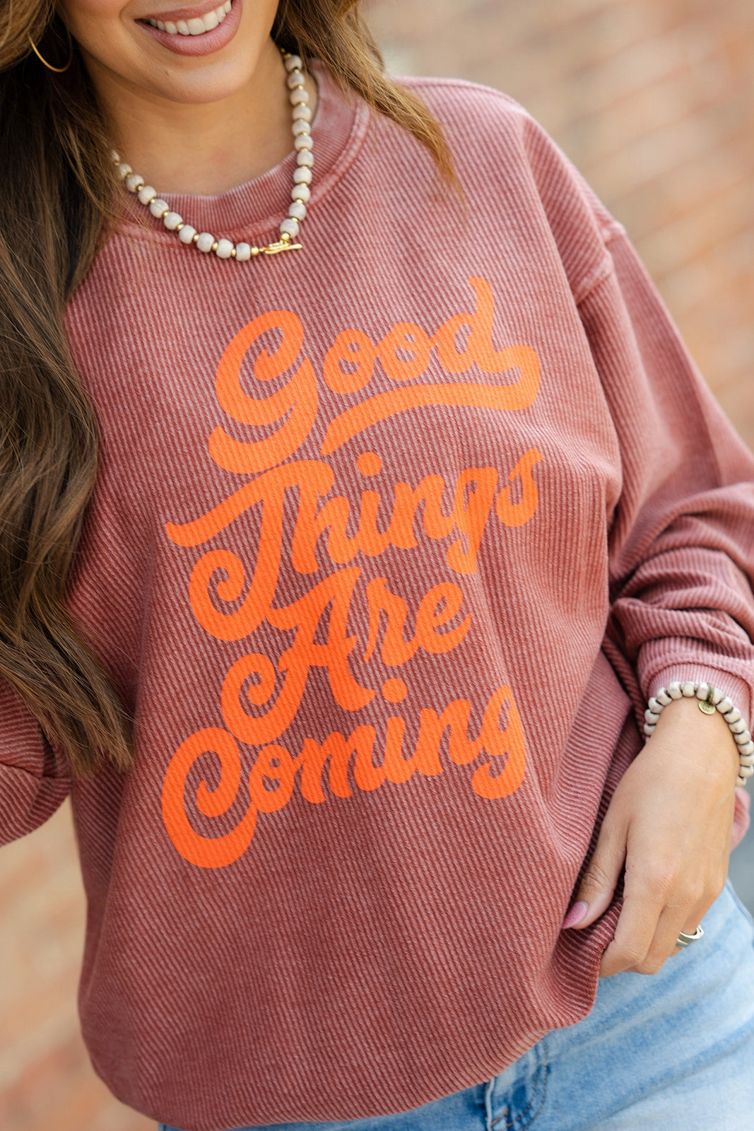 Thermal Insulation adults Vintage Good Things Are Coming Ribbed Graphic Crewneck