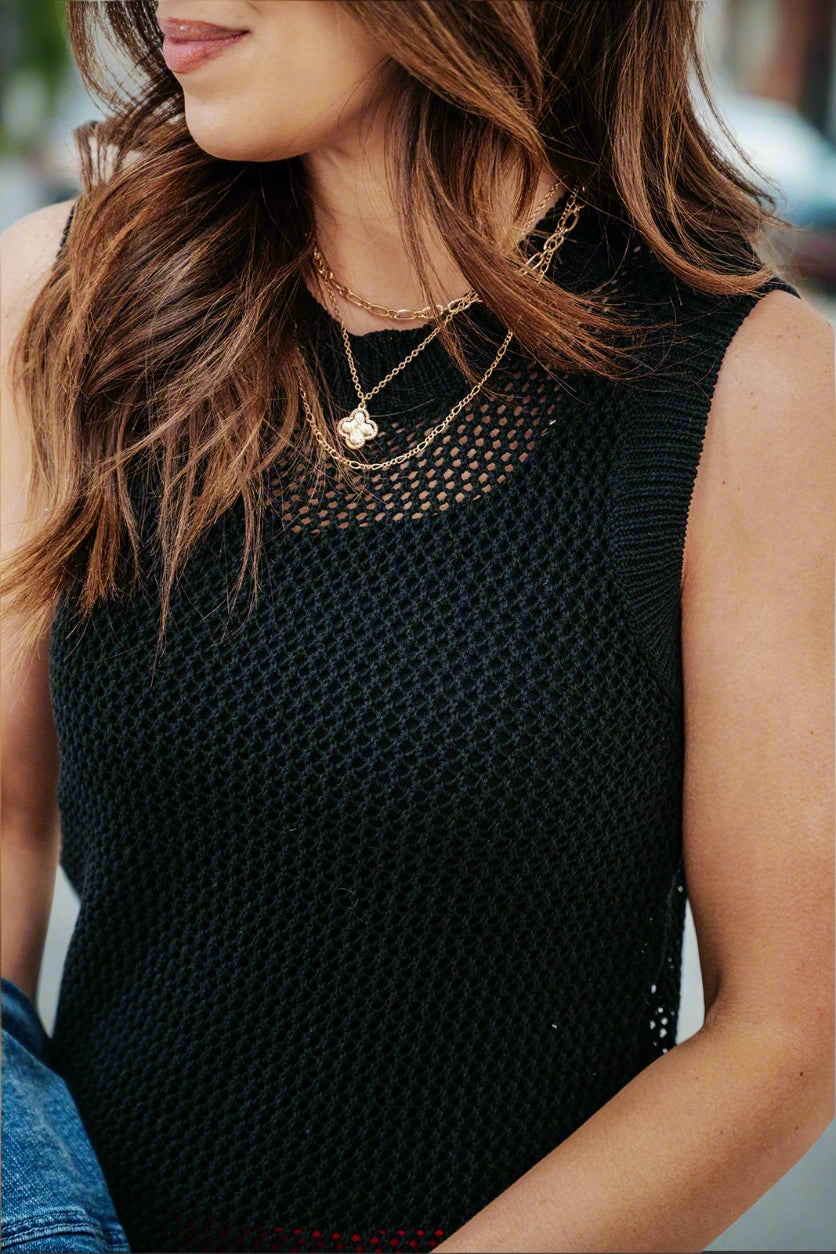 Breathable Knitwear Open Knit Solid Trim Tank