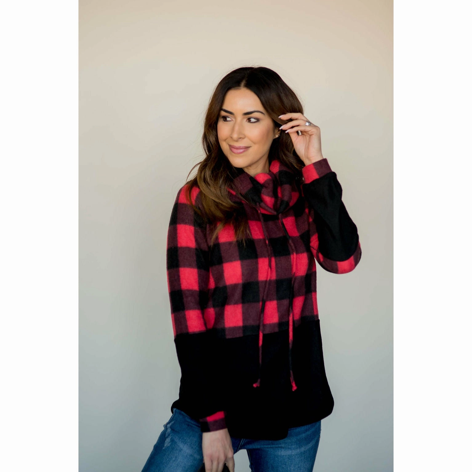 Solid Bottom Buffalo Check Cowl Neck Velvet Contrast Trim