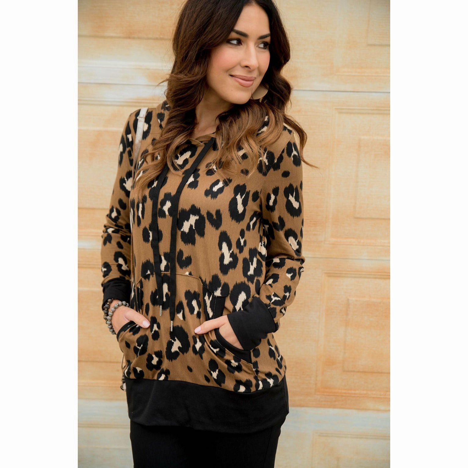 Solid Trim Leopard Print Hoodie Versatile Outfit Weekend Comfort