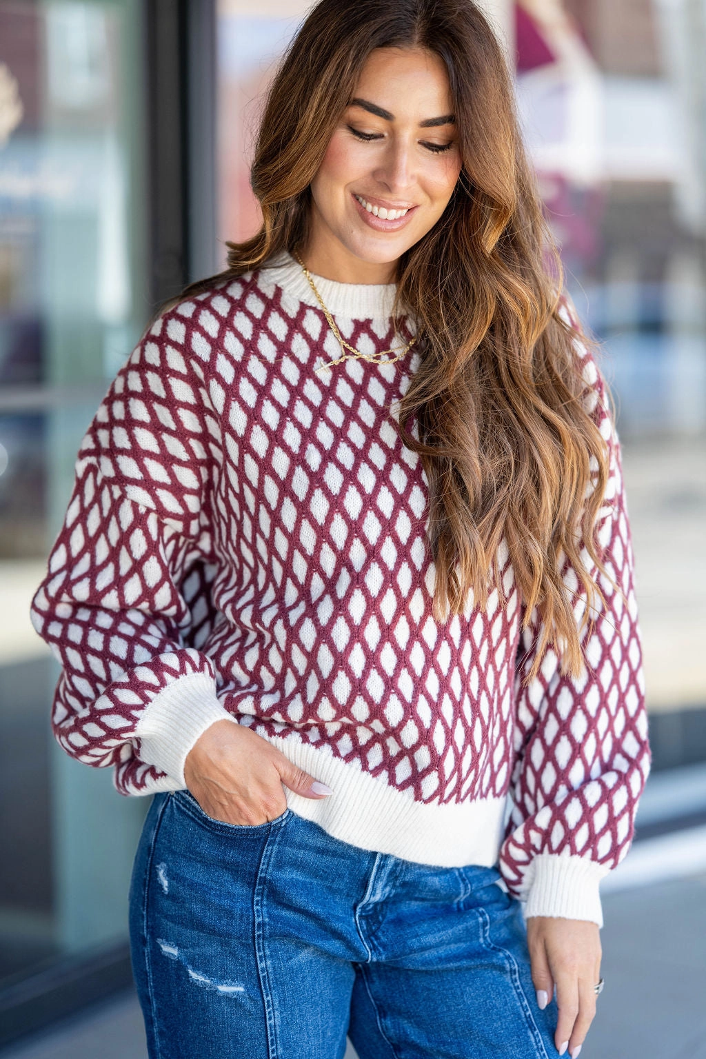 Diamond Stitched Sweater Stretch waistband Comfy and Stylish