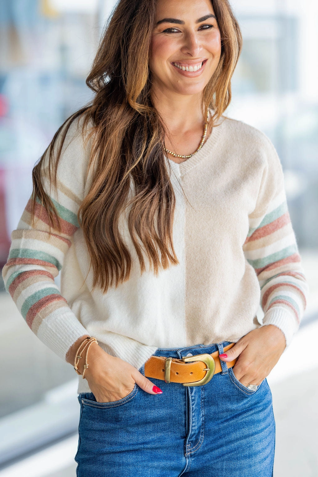 Striped Sleeve V Sweater Soft Knit Layer