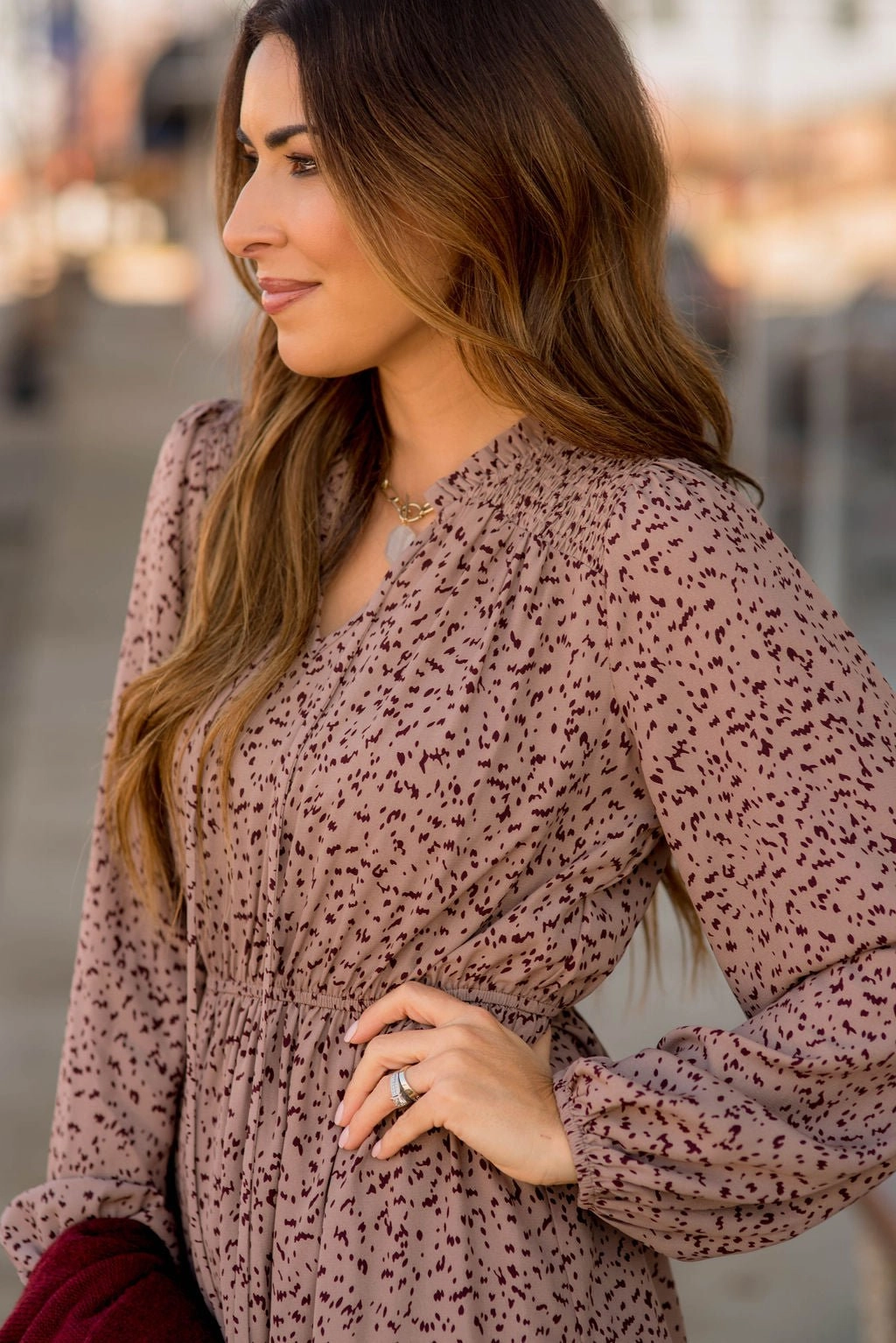 Splattered Long Sleeve Cinched Dress Silky-Feel