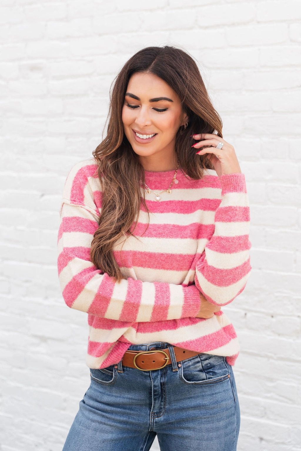 Cold Weather Outfit Heathered Stripes Raw Seam Sweater