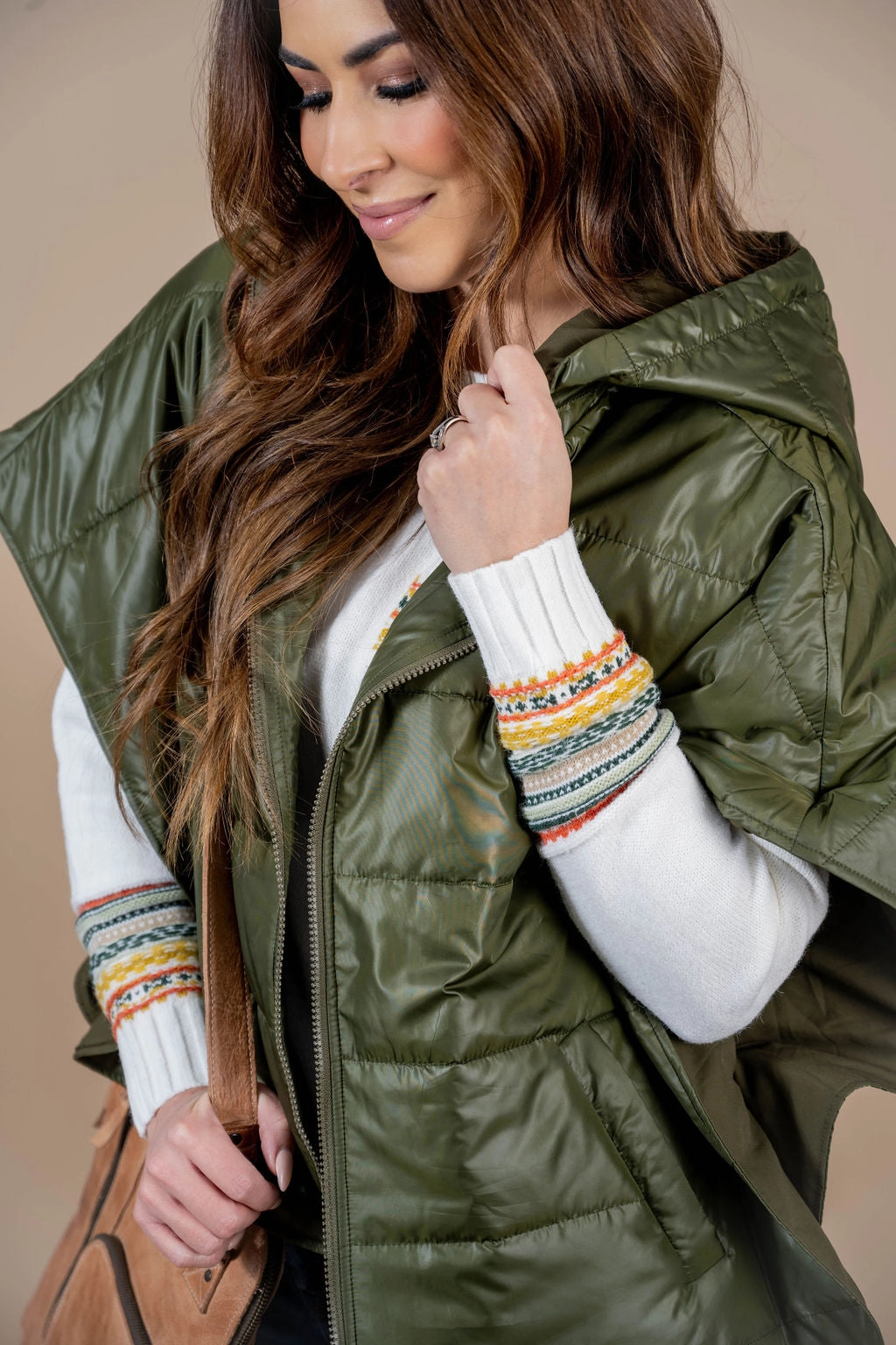 Flexible Fit Engineering Knee Length Stitched Puffer Poncho Vest