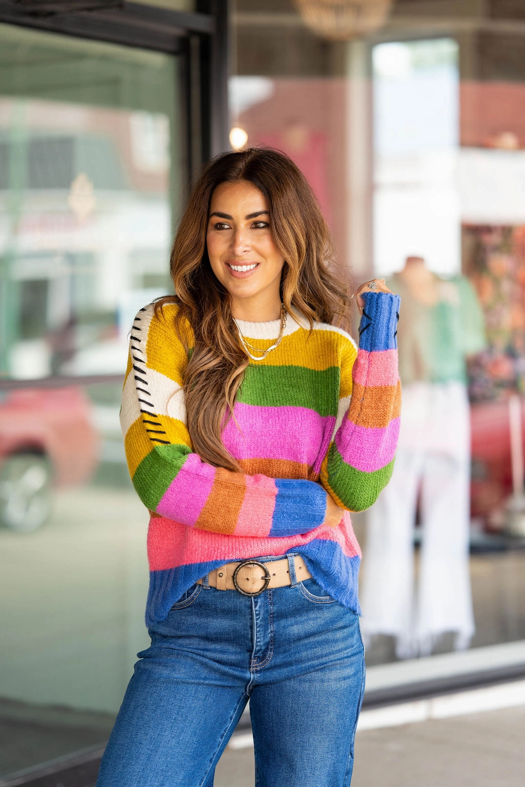 Trendy Outfit Relaxed Knitwear Stitched Sleeve Color Blocked Sweater