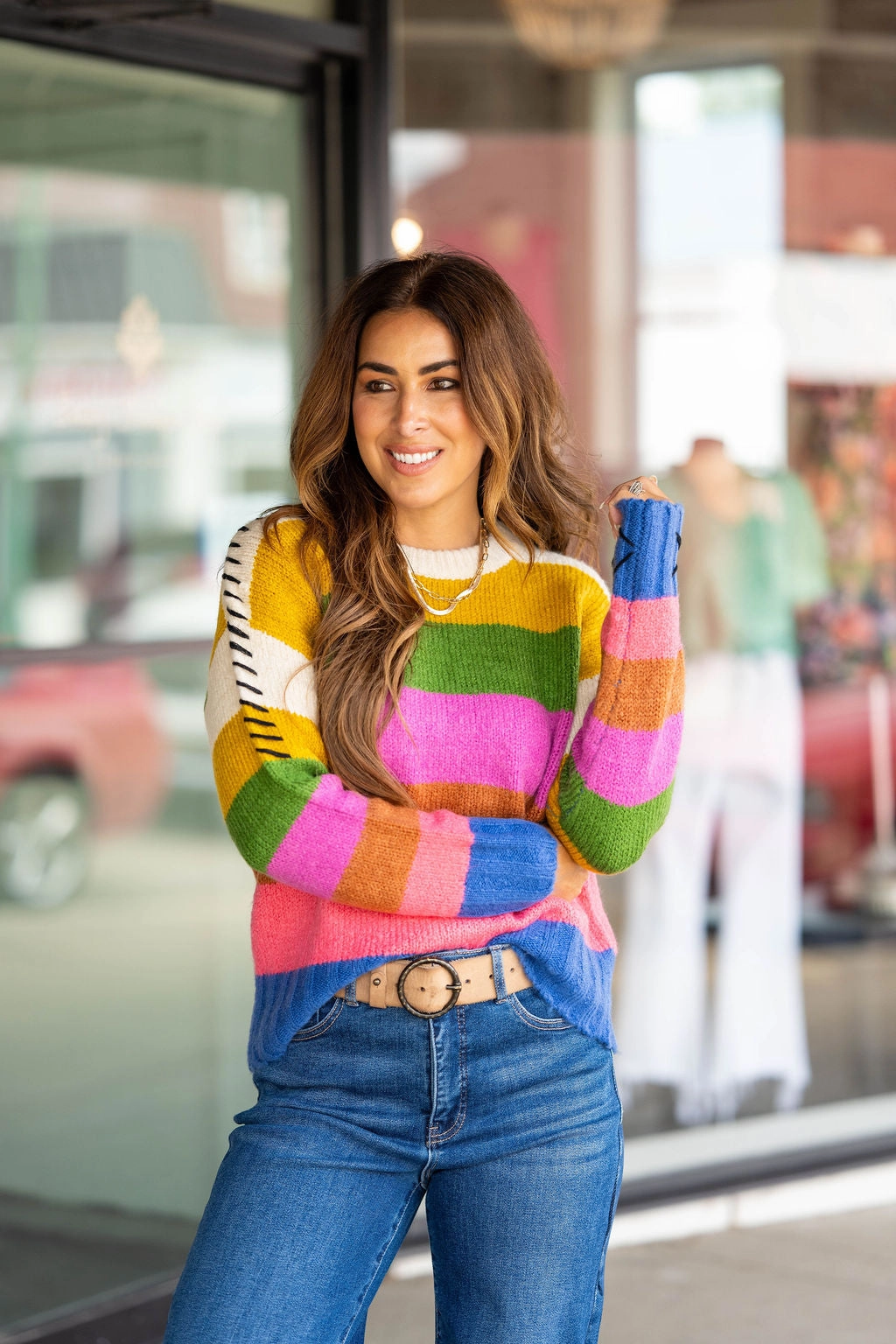 Versatile Knit Stitched Sleeve Color Blocked Sweater