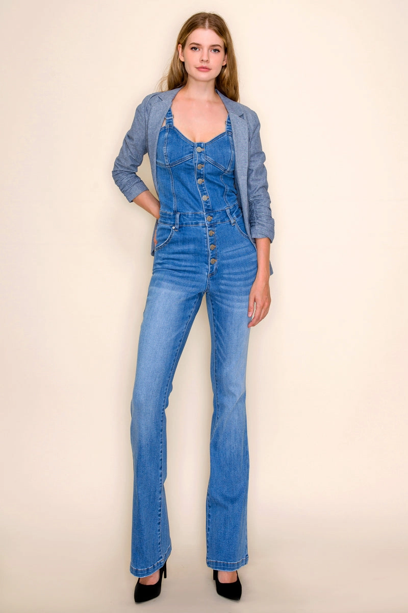 Circular Knit Construction Earthy Modern Minimalist Office Wear Street Craft DENIM BUSTIER JUMPSUIT