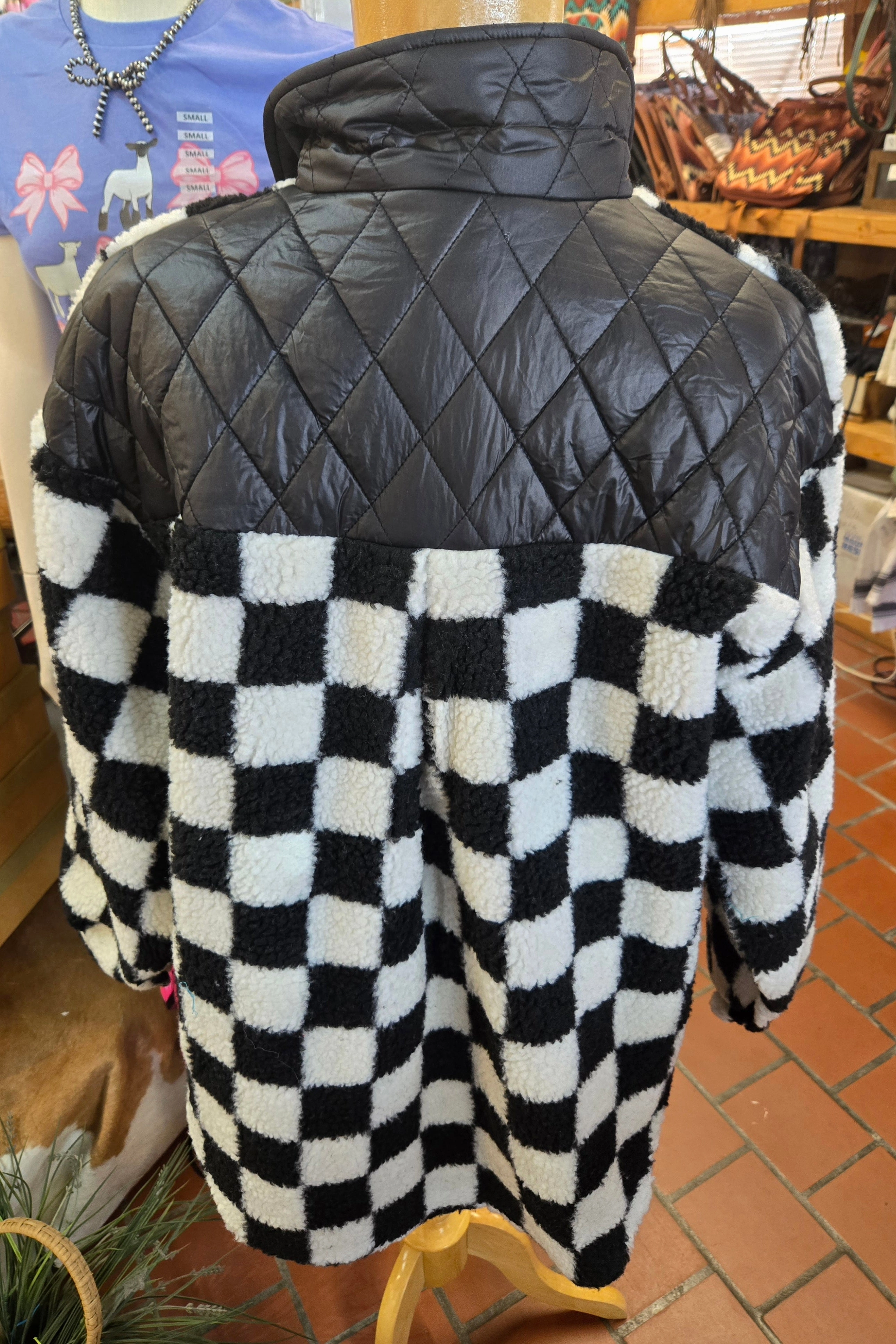 True Fit Work Ready Earthy Stretch Comfort Black & White Checkered Fleece Jacket