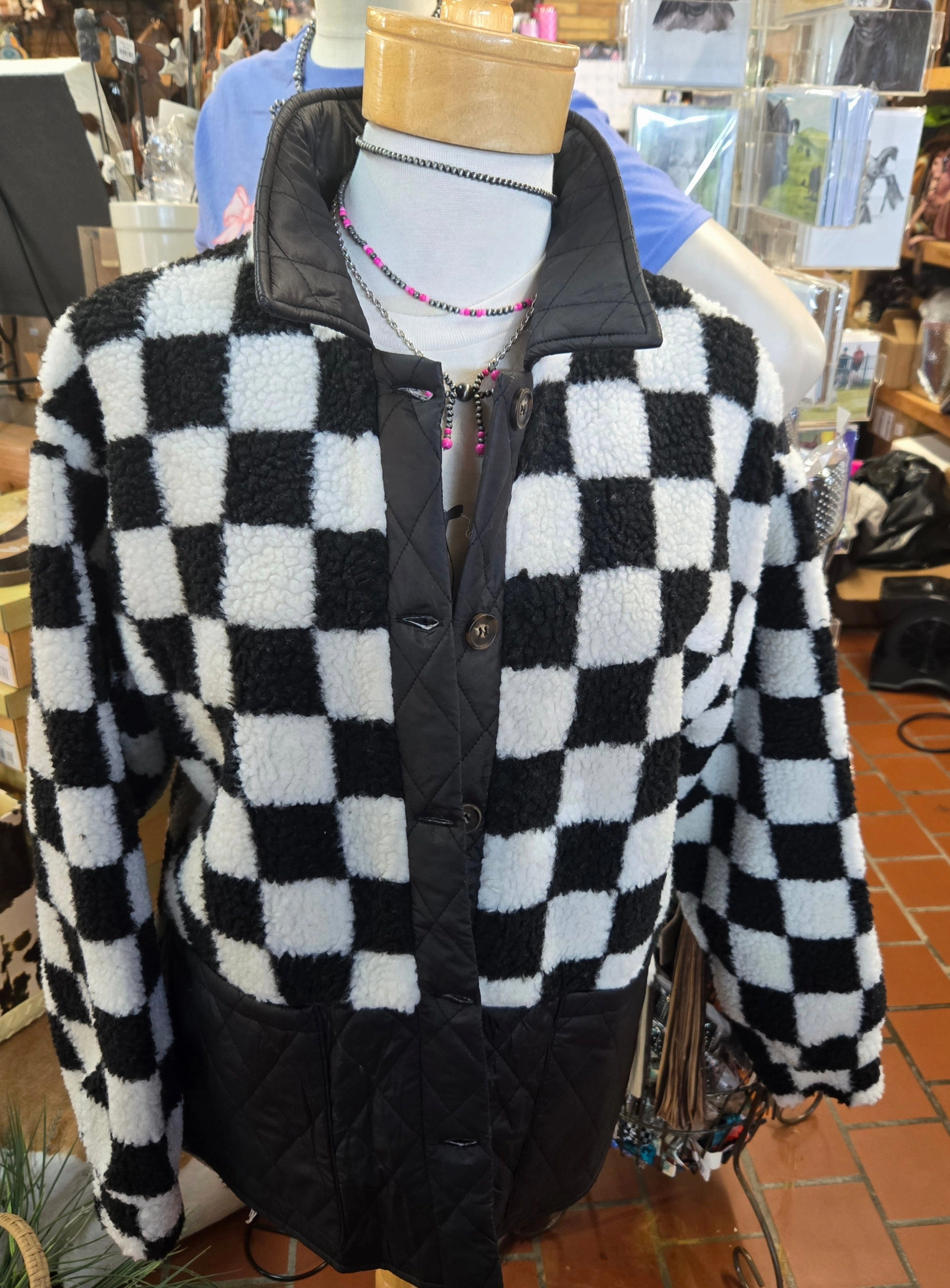Stretch Comfort Black & White Checkered Fleece Jacket Weighted Hemline Beach Day Brunch Outfit Elegant