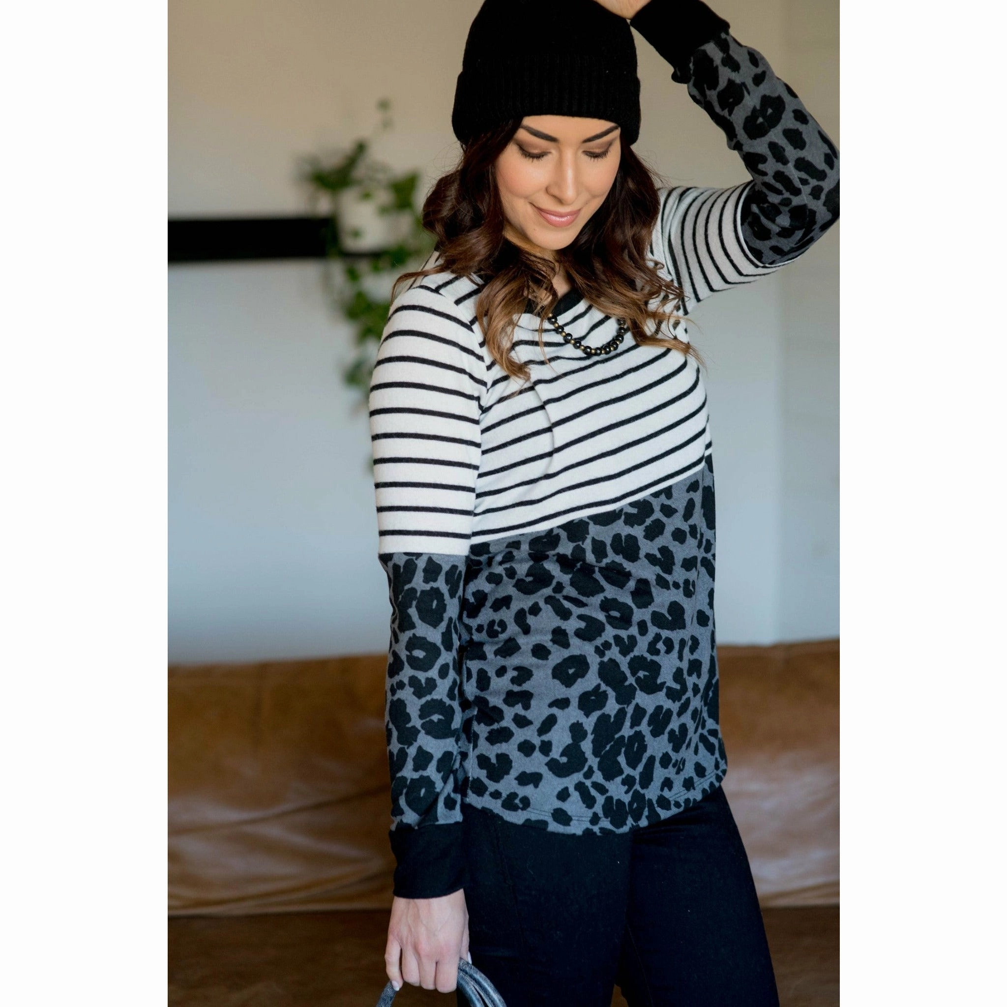 Sleeveless Tee LowMaintenanceMaterial Stripe Top Cheetah Bottom Long Sleeve Tee - Grey