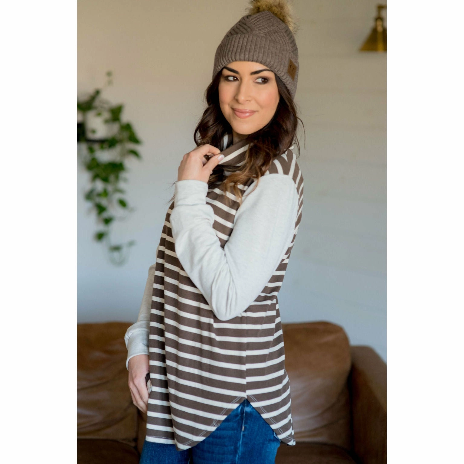 Shiny Finish Striped Body Cowl Neck Sweatshirt
