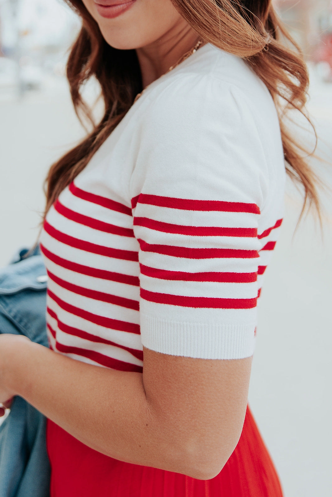 Striped Bottom Half Sleeve Knit Tee Warm Layering