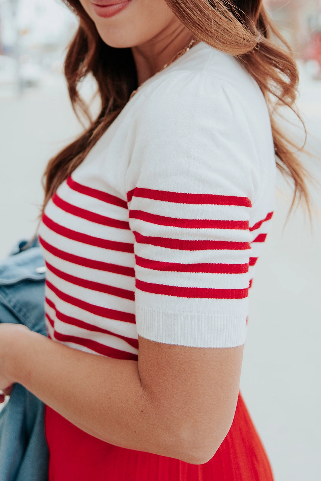 Striped Bottom Half Sleeve Knit Tee Timeless Layering Knitwear Choice