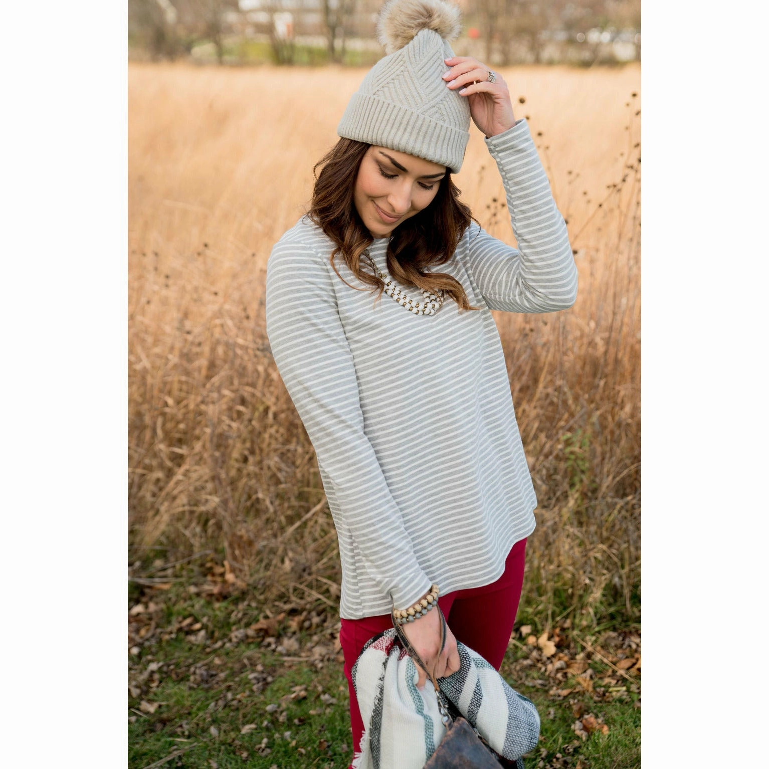 Striped Button Back Accent Sweatshirt Warm