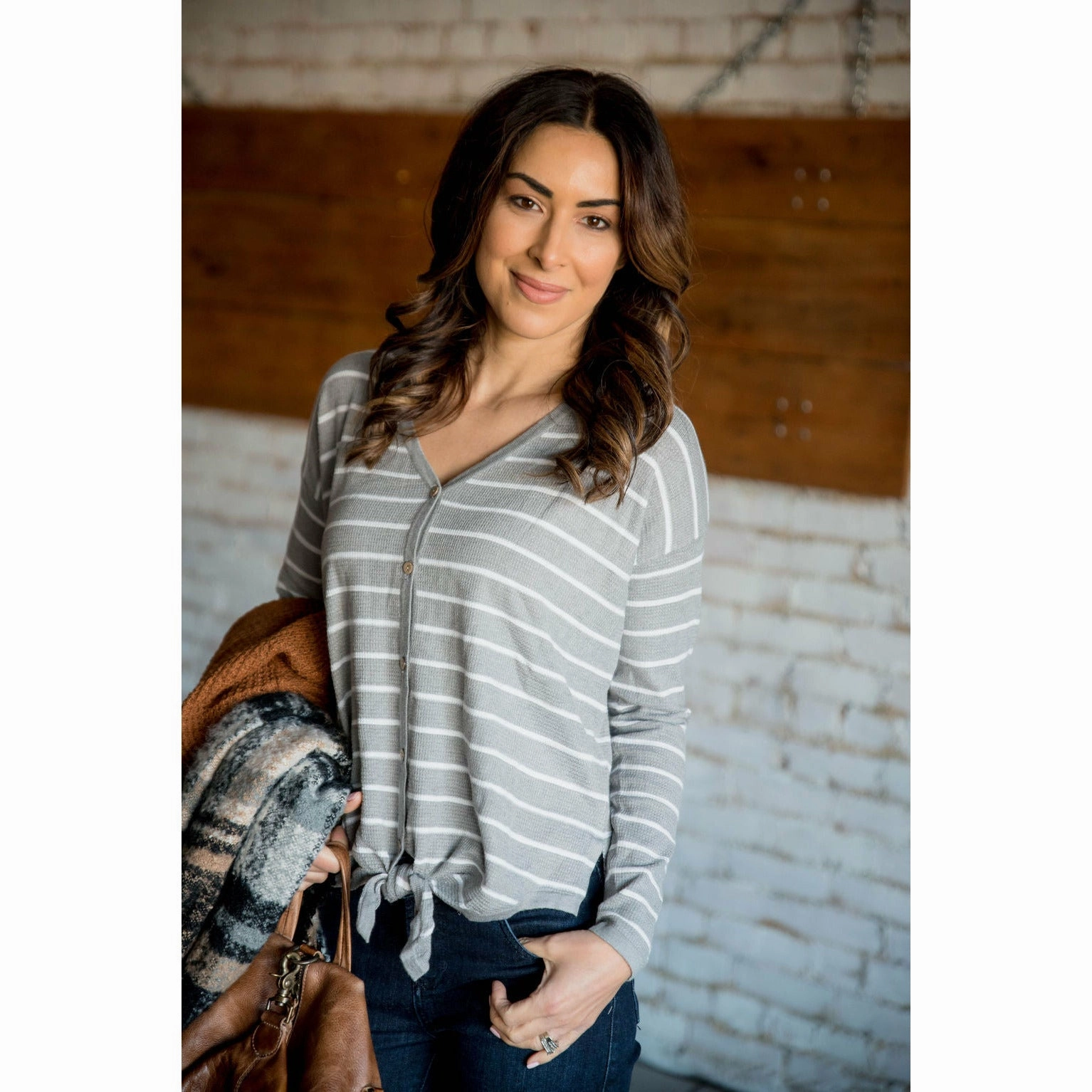 LayeredDurability Striped Button Tie Front Long Sleeve Tee