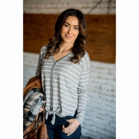 LayeredDurability Striped Button Tie Front Long Sleeve Tee