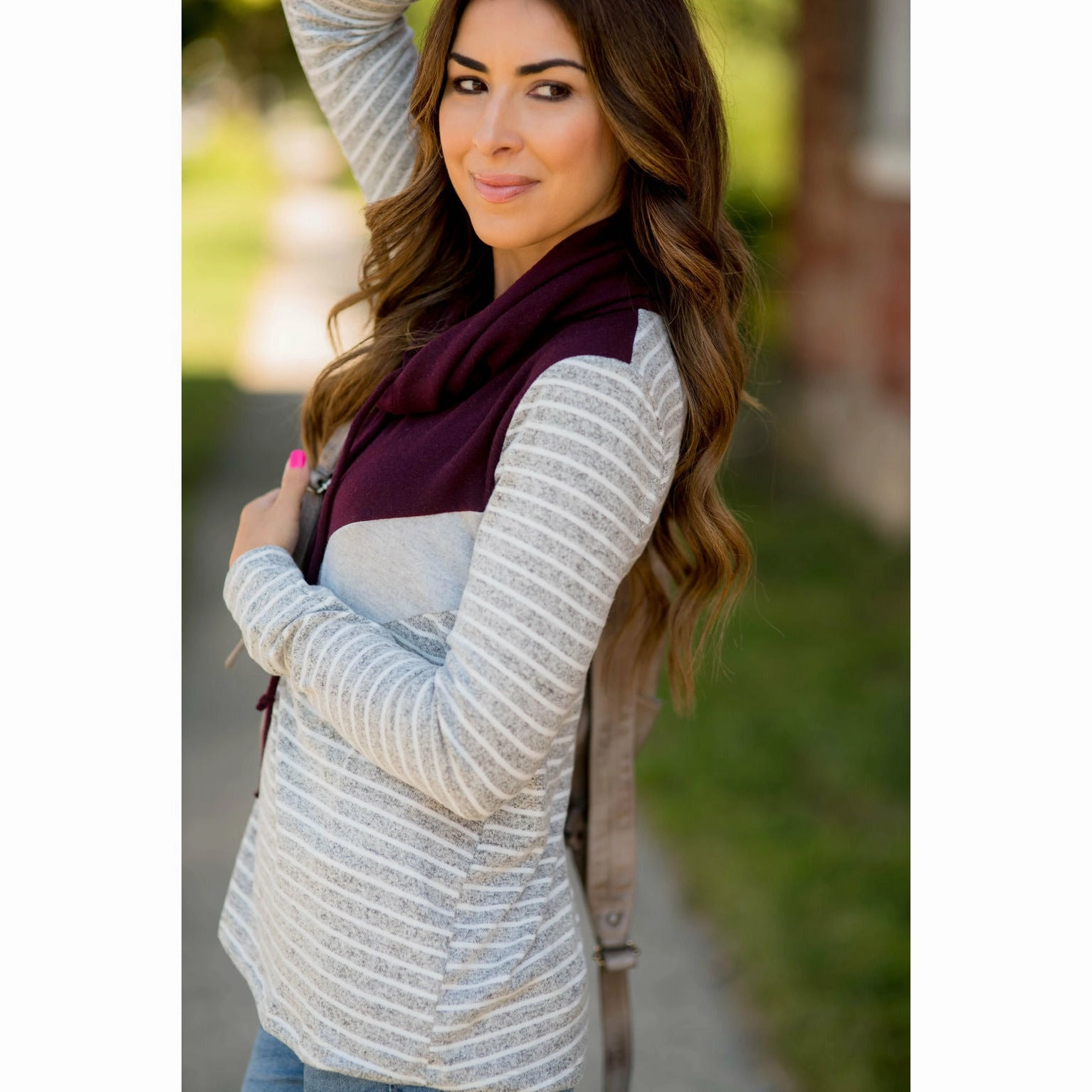 Striped Chevron Cowl Neck Cozy Texture Core Comfort