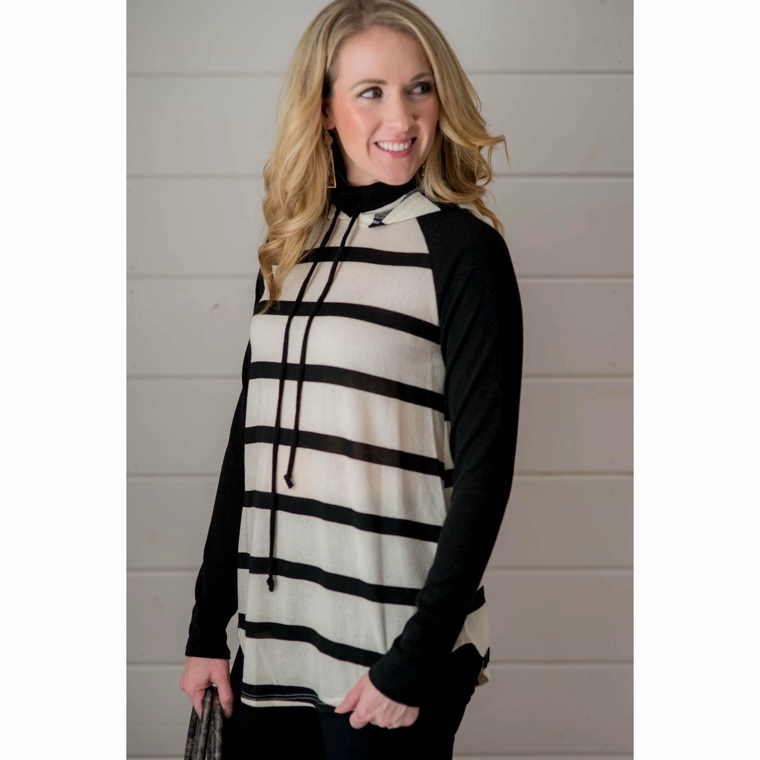 anti pill coating Striped Mock Neck Hoodie - Black