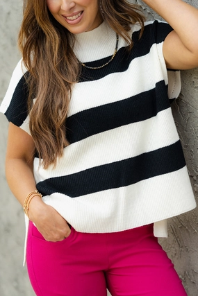 Non Irritating Seams Striped Mock Neck Knit Tee
