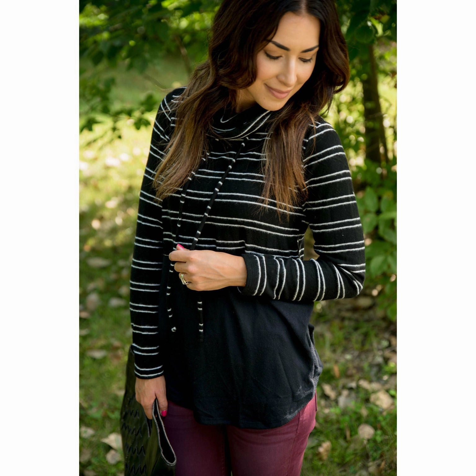 Versatile Hoodie Comfortable Style Striped Top Solid Bottom Cowl Neck