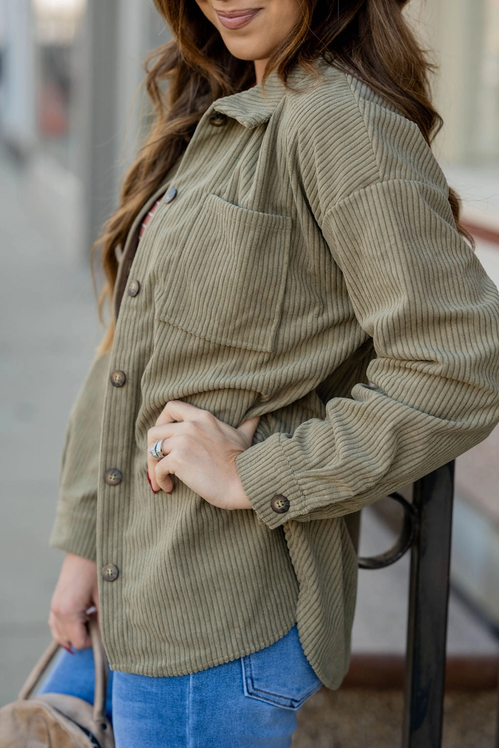 Sleek Layer Fit Fringe Detail Single Pocket Corded Shacket