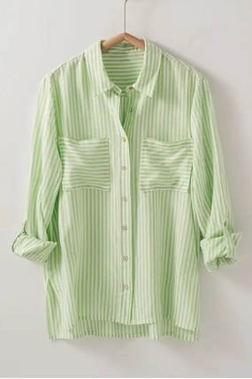 TemperatureRegulating Green Women's Relaxed Fit Vertical Striped Button Down