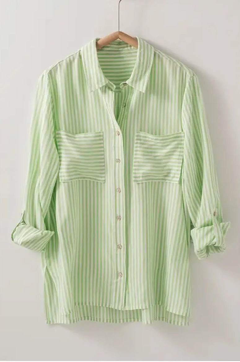 Green Women's Relaxed Fit Vertical Striped Button Down Flowing Design MultiFunctionalPockets
