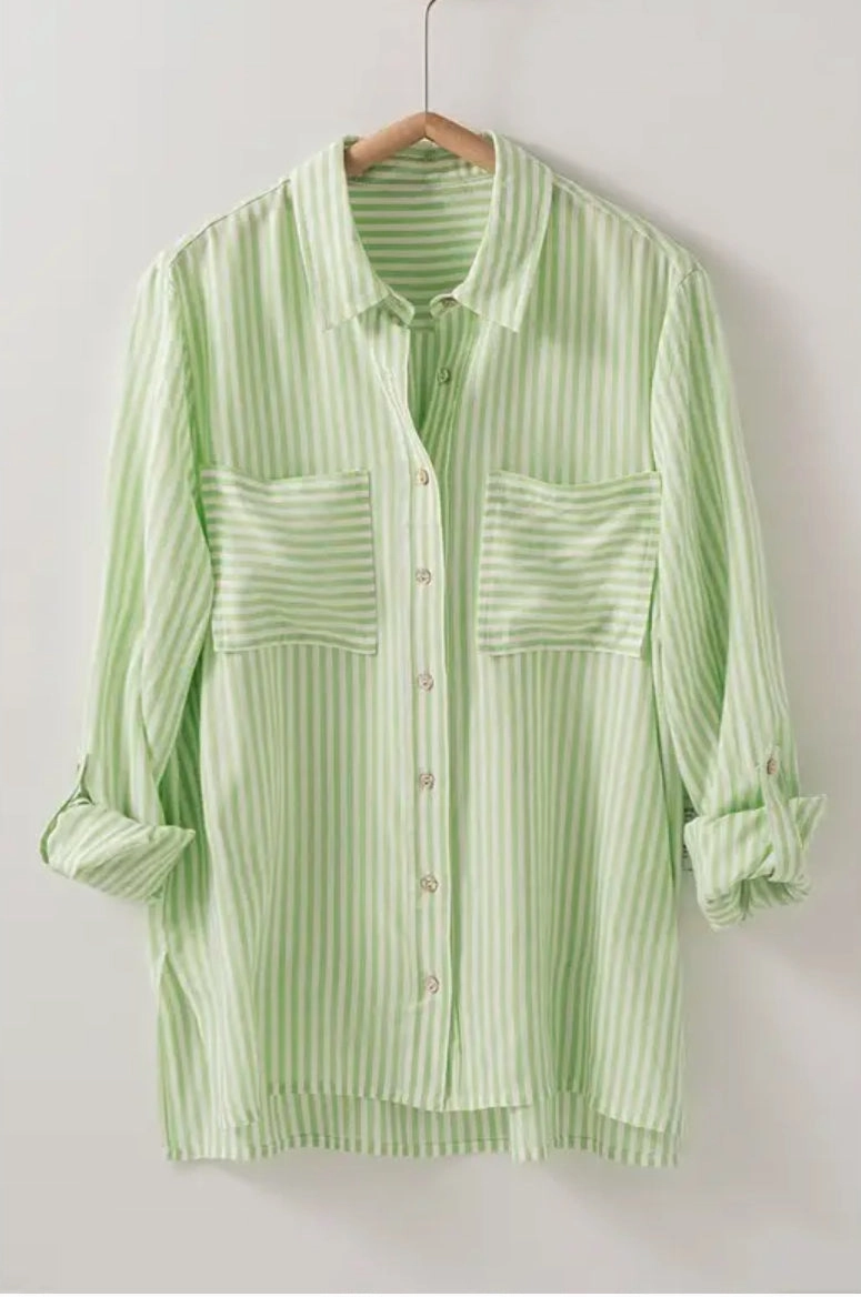 TemperatureRegulating Green Women's Relaxed Fit Vertical Striped Button Down