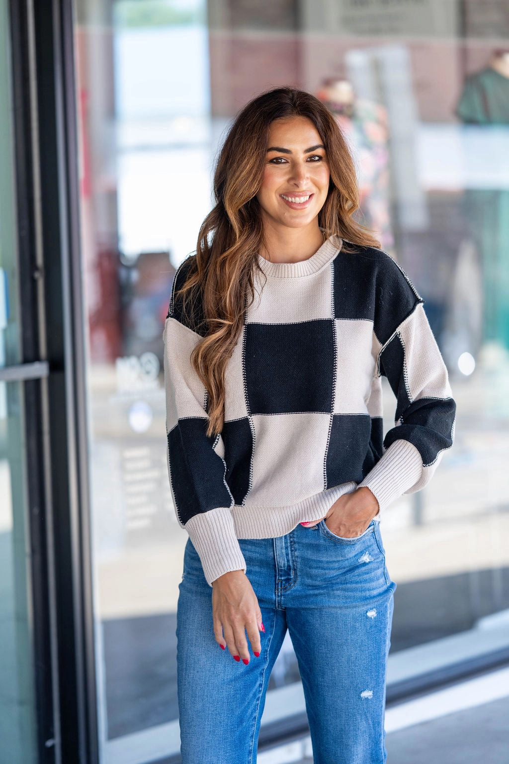 Breathable Design crew neck Stitched Checkered Sweater