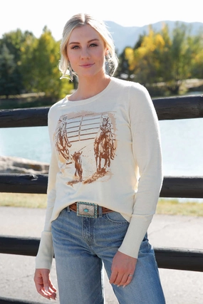CompactSize Cruel Women's Cream Team Roping Graphic Sweater